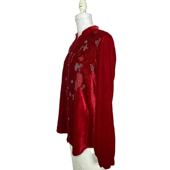 Sundance Velvet Embroidered Beaded Button Up Tunic Red Women Medium - Picture 8 of 9